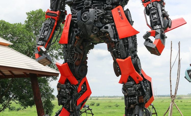 red and black robot statue