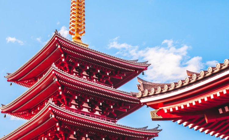 close up of red wooden temple